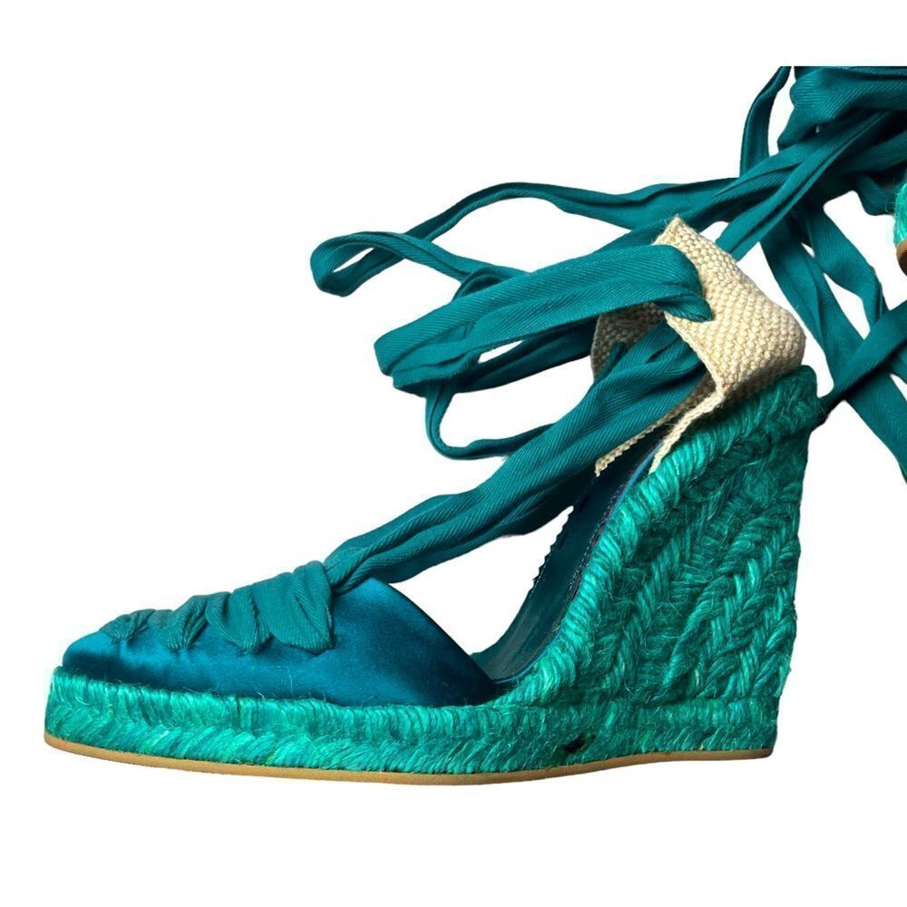 NWOT Emanuel Ungaro FAB Wedge Espadrilles in Teal Silk w/Sexy Lace-Up Design 8